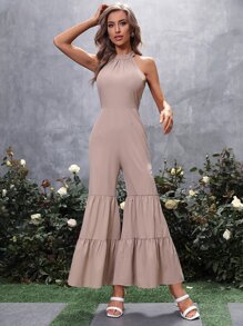 SHEIN VCAY Solid Ruffle Hem Halter Jumpsuit - Khaki - View 5