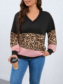 SHEIN LUNE Sudadera con estampado de leopardo de color combinado de hombros caídos - Multicolor - Ver 3