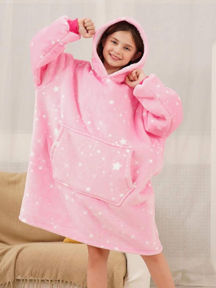 Girls Star Pattern  Pocket Drop Shoulder Hooded Flannel Lounge Dress - Multicolor - View 1