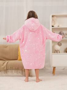 Girls Star Pattern  Pocket Drop Shoulder Hooded Flannel Lounge Dress - Multicolor - View 2