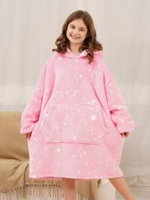 Girls Star Pattern  Pocket Drop Shoulder Hooded Flannel Lounge Dress - Multicolor - View 3