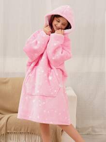 Girls Star Pattern  Pocket Drop Shoulder Hooded Flannel Lounge Dress - Multicolor - View 4