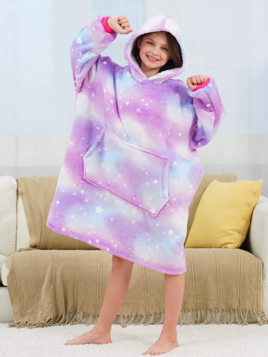 女孩紮染和星空圖案落肩袖連帽法蘭絨休閒服洋裝