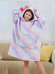 女孩星空圖案袋鼠口袋連帽法蘭絨休閒服洋裝