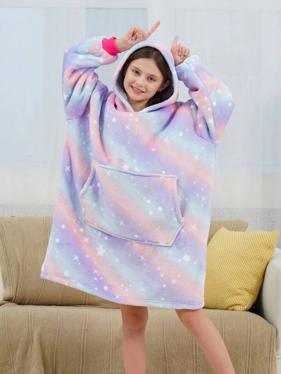 女孩星空圖案袋鼠口袋連帽法蘭絨休閒服洋裝