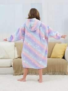 女孩星空圖案袋鼠口袋連帽法蘭絨休閒服洋裝