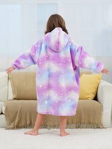女孩紮染和星空圖案落肩袖連帽法蘭絨休閒服洋裝
