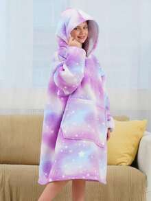 女孩紮染和星空圖案落肩袖連帽法蘭絨休閒服洋裝