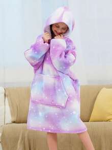 女孩紮染和星空圖案落肩袖連帽法蘭絨休閒服洋裝
