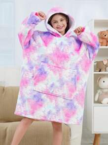 女孩紮染袋鼠口袋連帽法蘭絨休閒服洋裝