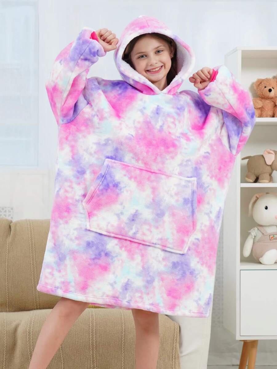 女孩紮染袋鼠口袋連帽法蘭絨休閒服洋裝