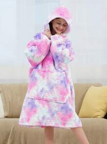 女孩紮染袋鼠口袋連帽法蘭絨休閒服洋裝