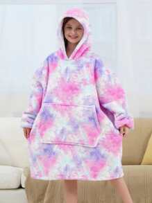 女孩紮染袋鼠口袋連帽法蘭絨休閒服洋裝