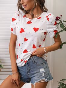 SHEIN Privé Heart Print Puff Sleeve Tee - White - View 3