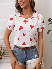SHEIN Privé Heart Print Puff Sleeve Tee - White - View 6