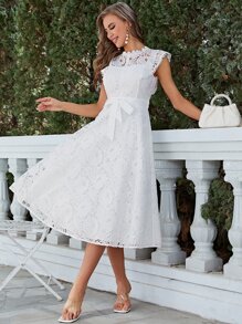 Simplee Solid Belted Lace Overlay Dress - White - View 1
