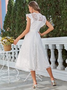 Simplee Solid Belted Lace Overlay Dress - White - View 2