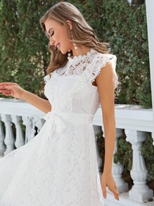 Simplee Solid Belted Lace Overlay Dress - White - View 3