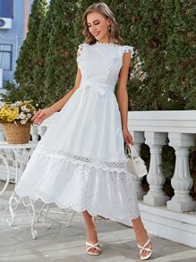 Simplee Đầm Thắt lưng Tương phản ren Xù Viên lá sen Dây kéo Tranh thêu màu trơn Boho - trắng - Xem 1