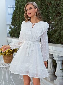 Simplee Swiss Dot Tassel Tie Neck Ruffle Trim Belted Dress - White - View 3