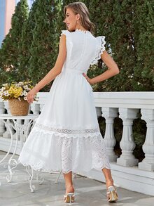 Simplee Đầm Thắt lưng Tương phản ren Xù Viên lá sen Dây kéo Tranh thêu màu trơn Boho - trắng - Xem 2