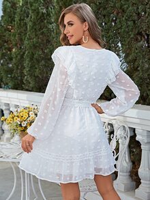 Simplee Swiss Dot Tassel Tie Neck Ruffle Trim Belted Dress - White - View 2