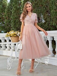 Simplee 蕾絲拼接網紗覆蓋連衣裙 - 藕粉色 - 查看 3