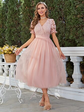 Simplee Women's New Lace & Mesh Patchwork Romantic Elegant Long Dress, Suitable For Wedding, Party, Fairycore Style, Spring/Summer