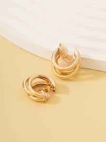 鏤空幾何裝飾夾式耳環 - 金黃色 - 查看 3