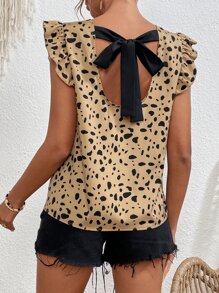 SHEIN Frenchy Allover Print Tie Back Ruffle Trim Blouse Summer Brown Casual - Khaki - View 4