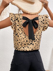 SHEIN Frenchy Allover Print Tie Back Ruffle Trim Blouse Summer Brown Casual - Khaki - View 6