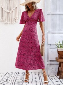 SHEIN VCAY Allover Print Tie Backless Butterfly Sleeve Dress - Hot Pink - View 1