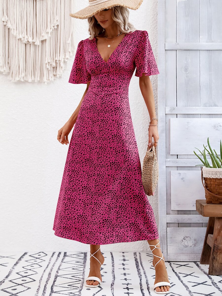 SHEIN VCAY Allover Print Tie Backless Butterfly Sleeve Dress - Hot Pink - View 1