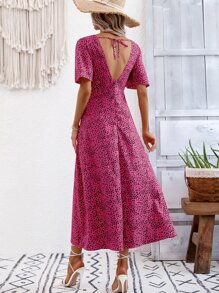 SHEIN VCAY Allover Print Tie Backless Butterfly Sleeve Dress - Hot Pink - View 2