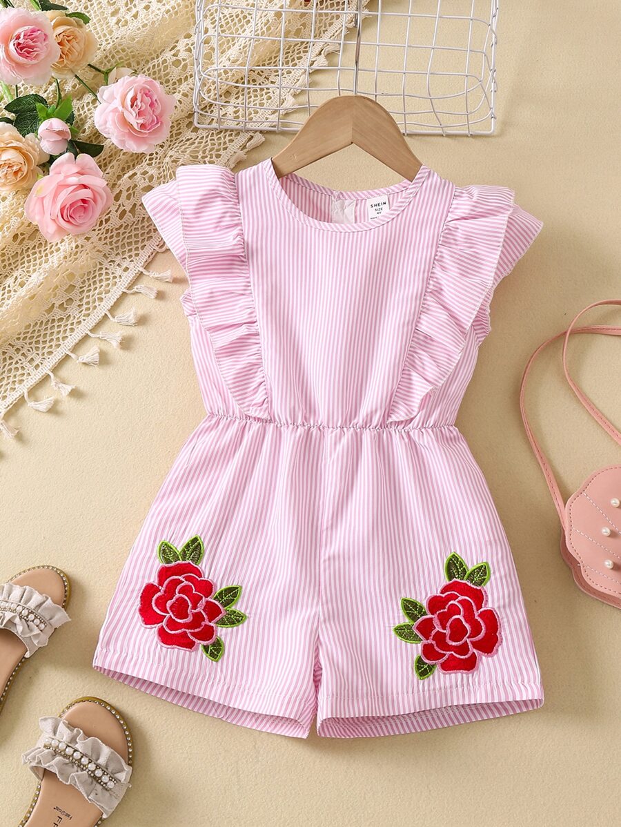 Toddler Girls Floral Embroidery Striped Ruffle Trim Romper - Pink - View 1