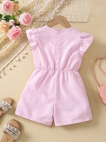 Toddler Girls Floral Embroidery Striped Ruffle Trim Romper - Pink - View 2