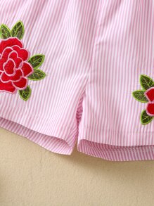 Toddler Girls Floral Embroidery Striped Ruffle Trim Romper - Pink - View 4