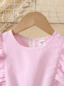 Toddler Girls Floral Embroidery Striped Ruffle Trim Romper - Pink - View 6
