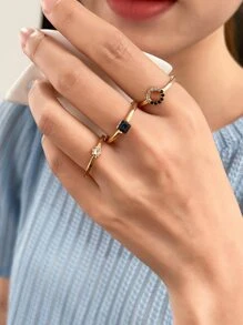 DAZY 3入組水鑽裝飾戒指 - 金黃色 - 查看 3