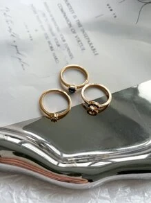 DAZY 3入組水鑽裝飾戒指 - 金黃色 - 查看 7