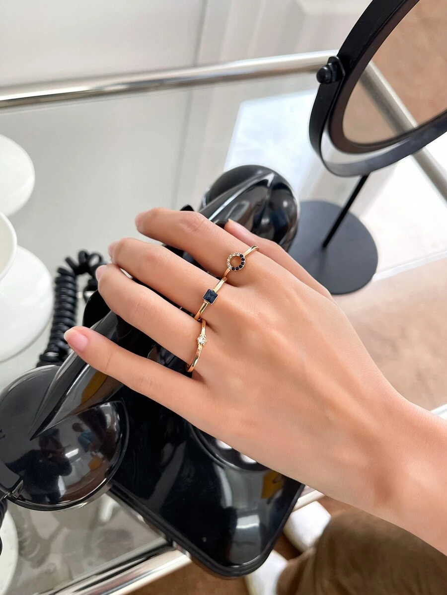 DAZY 3入組水鑽裝飾戒指 - 金黃色 - 查看 1