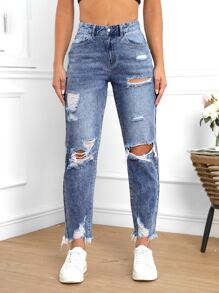 SHEIN EZwear 破洞毛邊牛仔褲 - 中等水洗藍 - 查看 4