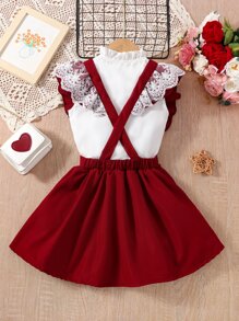 2件套少女荷叶边蕾丝前扣优雅套装 - 紅白色 - 查看 2
