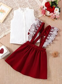 2件套少女荷叶边蕾丝前扣优雅套装 - 紅白色 - 查看 3
