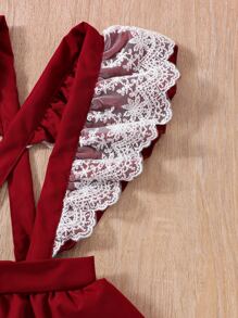 2件套少女荷叶边蕾丝前扣优雅套装 - 紅白色 - 查看 7