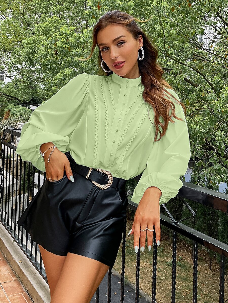 Simplee Women's Solid Color Lantern Sleeve Long Sleeve Blouse, Spring/Summer Top - Mint Green - View 1