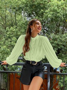 Simplee Women's Solid Color Lantern Sleeve Long Sleeve Blouse, Spring/Summer Top - Mint Green - View 4