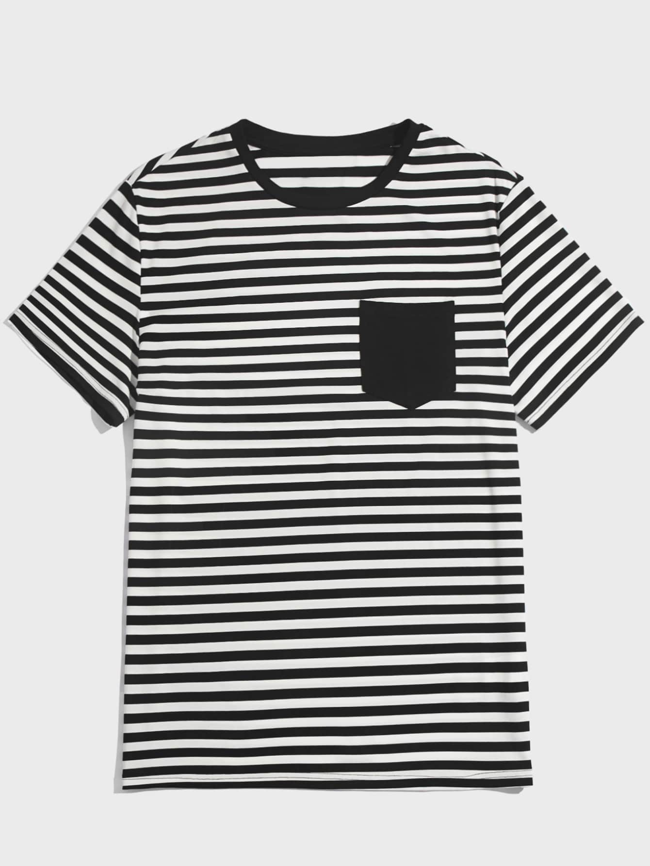 Manfinity Men Striped Print Pocket Patched Tee - Black and White - View 1