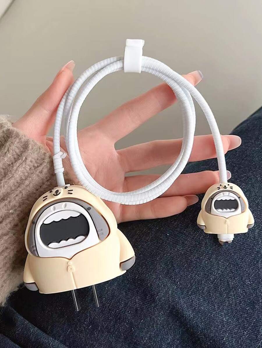 4pcs Shark Design Data Cable & Charger Head Cover Set - Beige - View 1
