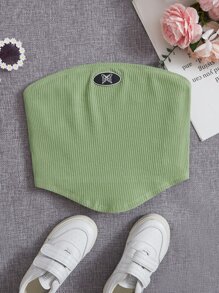 SHEIN 青少女蝴蝶拼接曲線下擺露腰筒上衣 - 薄荷綠 - 查看 1